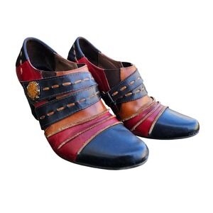 Spring Step 39 Wondrous Bootie Red Navy Leather Patchwork Artsy Lagenlook Witchy